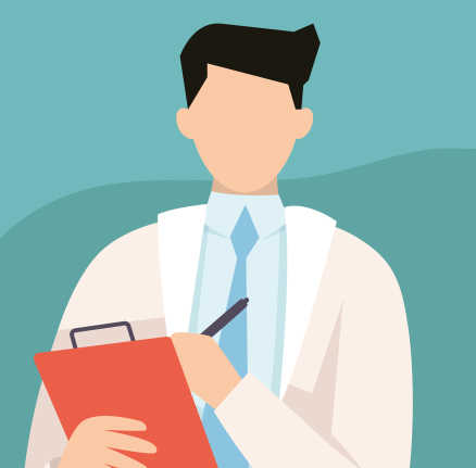 A cartoon image of a man in a white coat holding a clipboard and pen