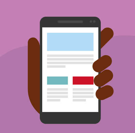 :A cartoon image of a hand holding a mobile phone