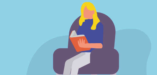 Cartoon illustration of a woman sat on an armchair, reading a book.